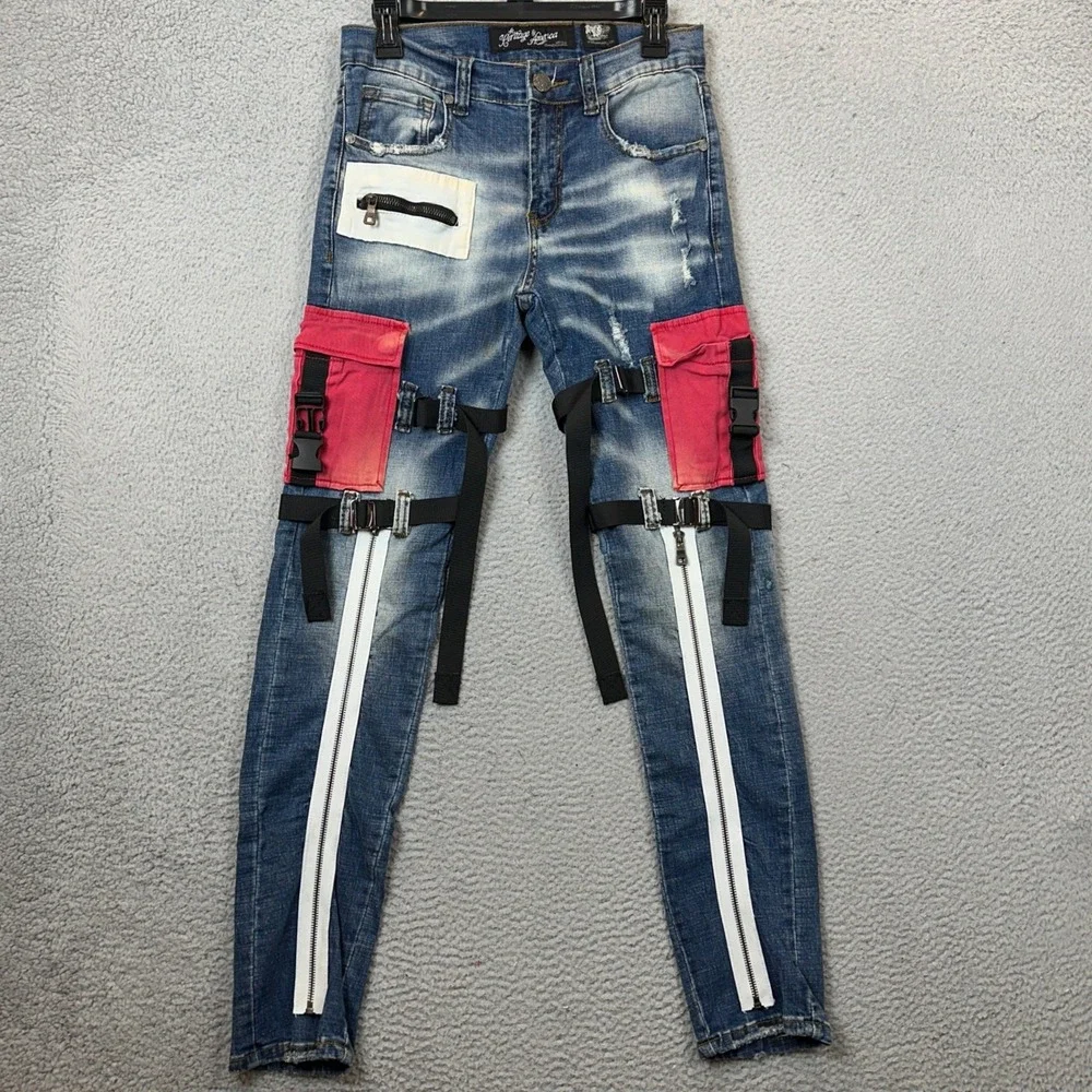 Heritage America Jeans Mens 28X31 Tactical Cargo Slim Blue Red Acid Wash Denim